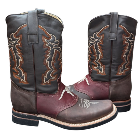 Men's Cowboy Boots (0050) - Square Toe Layered Brown & Burgundy Leather Longhorn Design