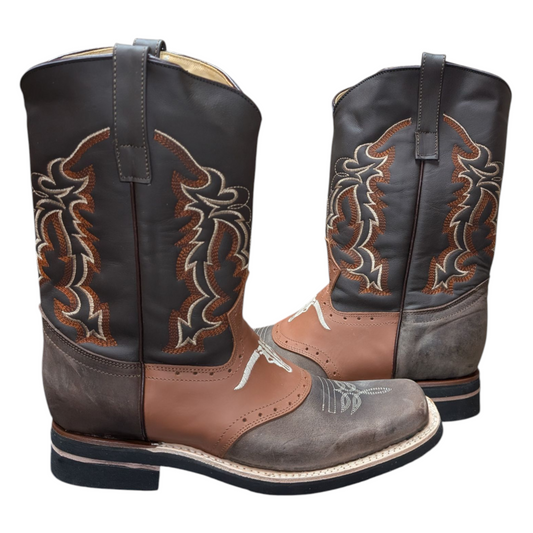 Men's Cowboy Boots (0046) - Layered Leather Longhorn Design Square Toe