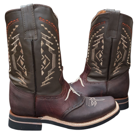 Men's Cowboy Boots (0052) - Square Toe Layered Brown & Burgundy Leather Longhorn Design