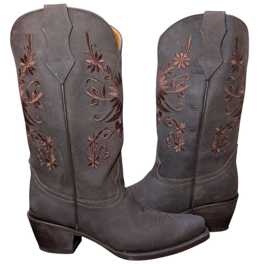 Women's Cowboy Boots (0066) - 14" Wide Calf Brown Leather w/ Snip Toe