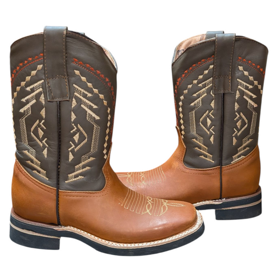 Men's Cowboy Boots (0053) - 12" Square Toe Tan/Dark Taupe Leather Western Stitching