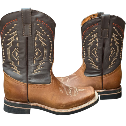 Men's Cowboy Boots (0054) - 12" Rodeo Toe Brown & Dark Grey Leather Western Stitching