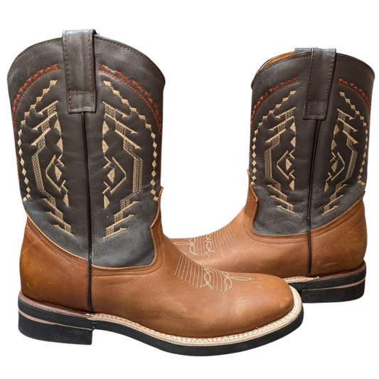 Men's Cowboy Boots (0055) - 12" Square Toe Brown & Dark Grey Leather Western Stitching