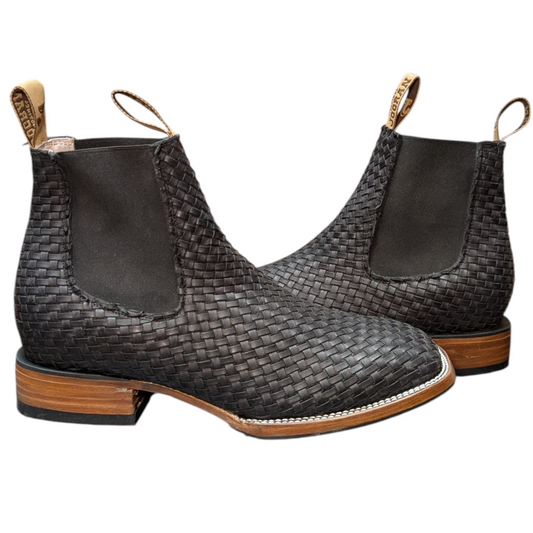Unisex Western Ankle Boot (0056) - 7.5" Black Hand-woven Leather