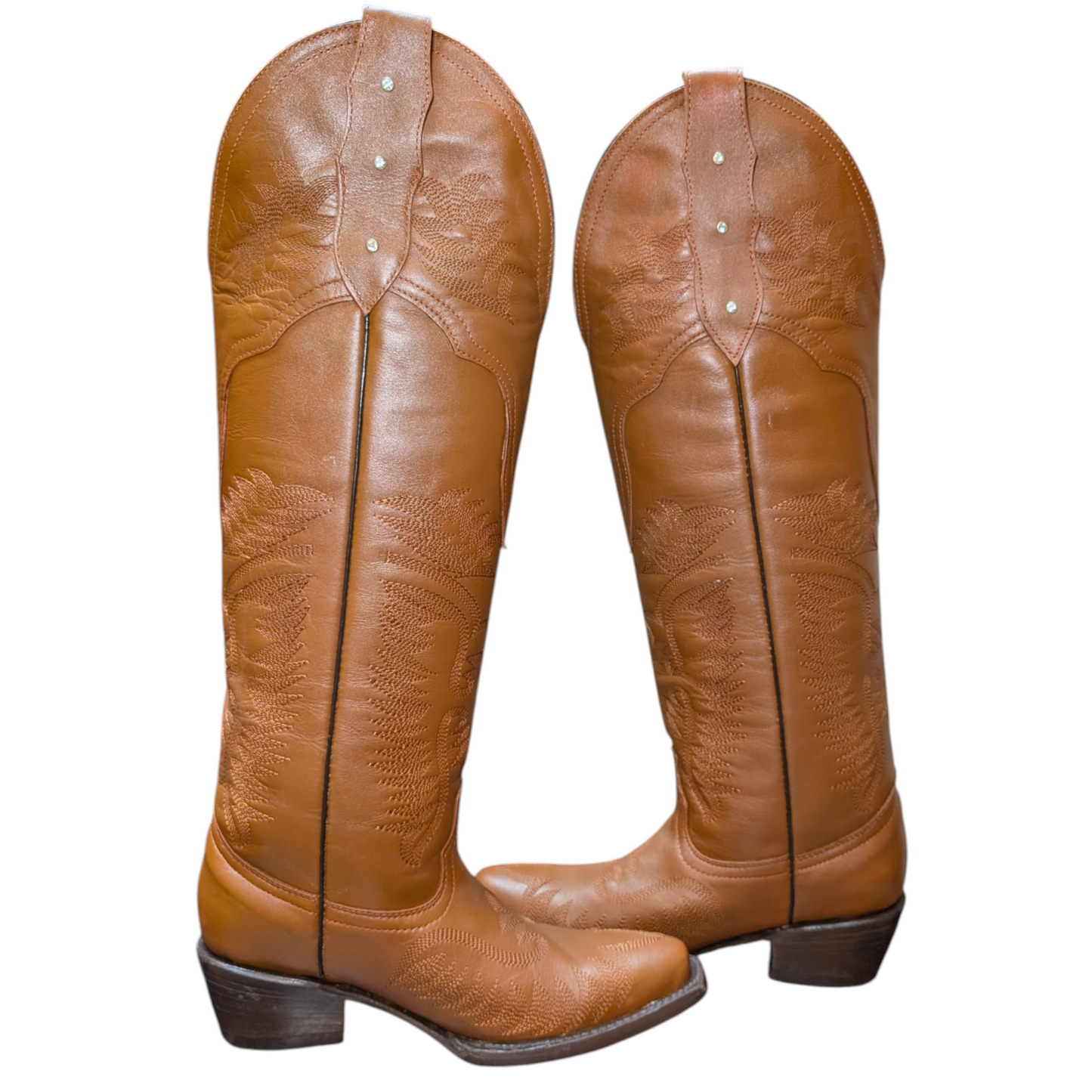 Women's Cowboy Boots (0072) - 21.5" Knee High Tan Brown Leather w/ Round Toe