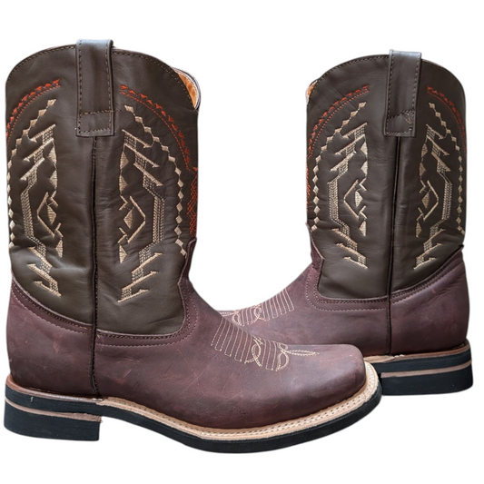 Men's Cowboy Boots (0057) - 12" Rodeo Toe Burgundy Brown & Dark Taupe Leather Western Stitching