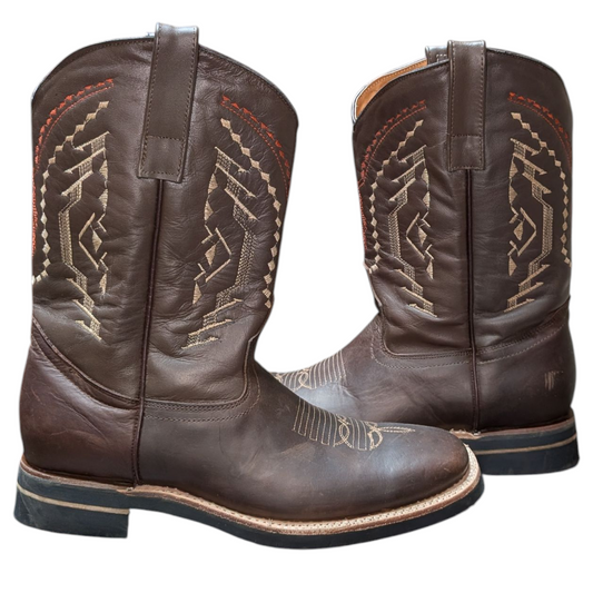 Men's Cowboy Boots (0059) - 12" Square Toe Brown Leather w/ Western Stitching