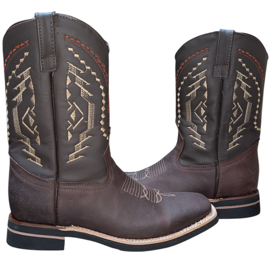 Men's Cowboy Boots (0058) - 12" Square Toe Burgundy Brown & Dark Taupe Leather Western Stitching