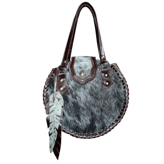 Handmade Leather Bag (0007) - Round Dark Brown Leather w/ Cowhide & Feather
