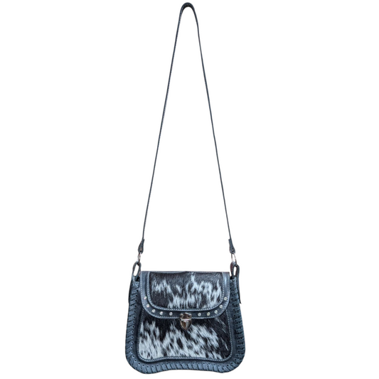 Handmade Leather Bag (0008) - Black Leather w/ Black & White Cowhide