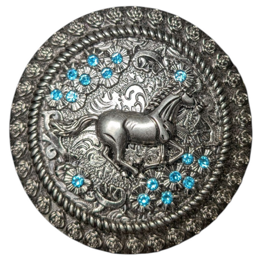 Western Buckle (0013) - Galloping Spirit Belt Buckle Blue Rhinestones