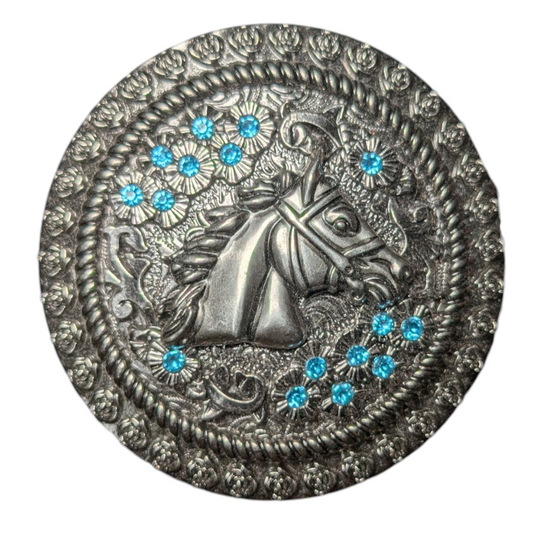 Western Buckle (0014) - Silver Horse Head w/ Blue Rhinestones