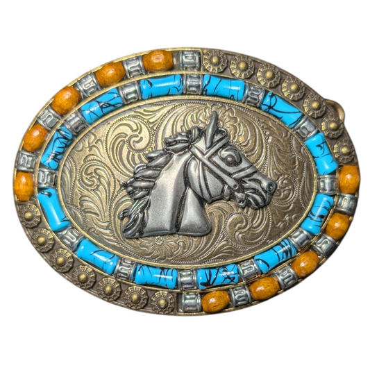 Western Buckle (0023) - Horse Head Gold & Silver w/ Teal & Wood Stones