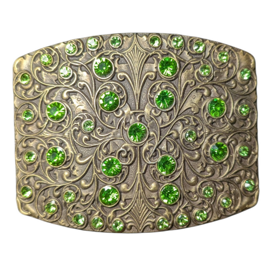 Western Buckle (0026) - Gold w/ Green Rhinestones