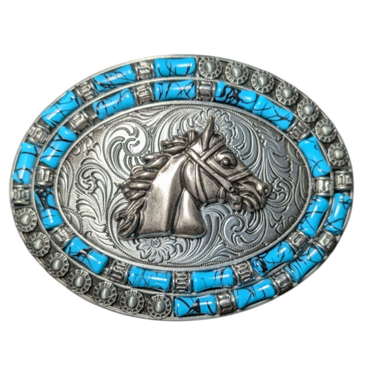 Western Buckle (0024) - Silver Horse Head w/ Blue Stones