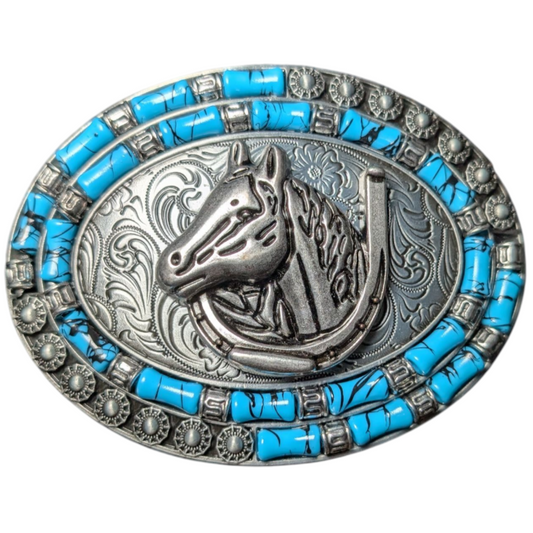 Western Buckle (0025) - Silver Horse & Horse Shoe w/ Blue Stones