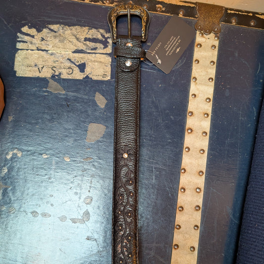 Black Western Leather Belt - Engraved Buckle & Floral Stitching