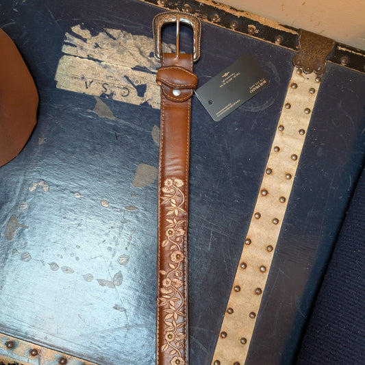 Brown Western Leather Belt (Style 2) - Engraved Buckle & Floral Stitching