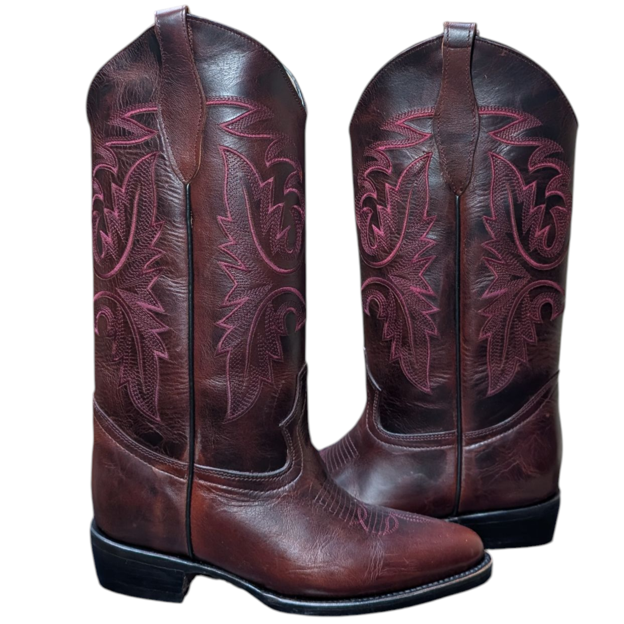 Women's Cowboy Boots (0073) - 14.5" Burgundy Leather w/ Round Toe