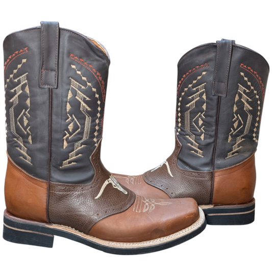 Men's Cowboy Boots (0064) - Layered Leather Longhorn Design Square Toe