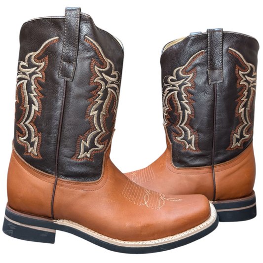 Men's Cowboy Boots (0065) - Black & Burnt Orange Leather w/ Square Toe