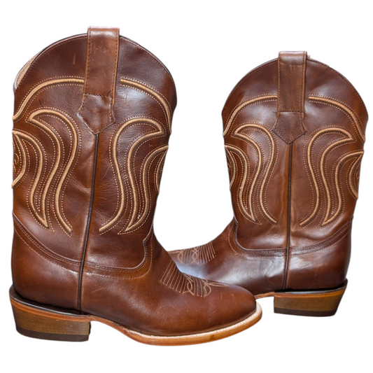 Men's Cowboy Boots (0067) - Brown Leather w/ Western Stitching & Round Toe