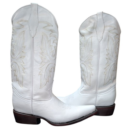Women's Cowboy Boots (0075) - 14.5" Pointed Toe White Leather