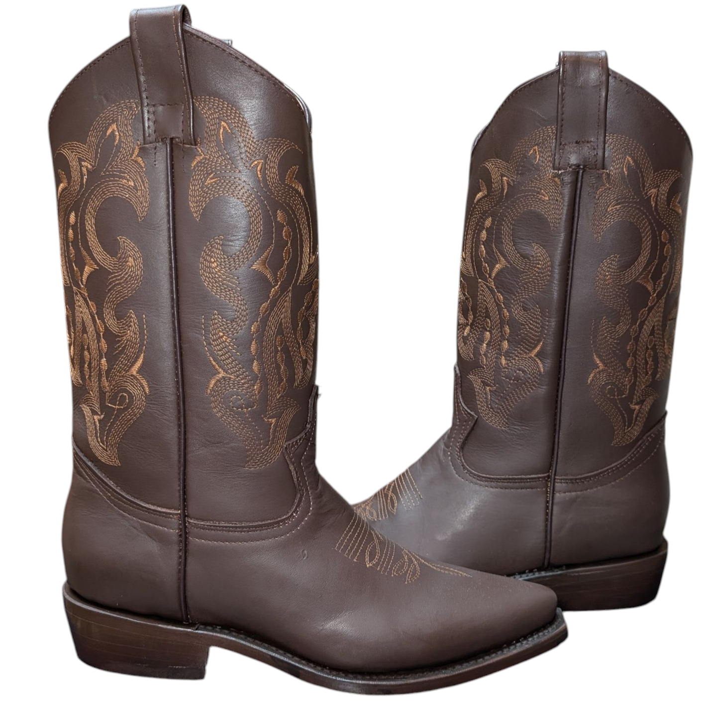 Unisex Cowboy Boots (0076) - 14" Chocolate Brown Leather w/ Pointed Toe