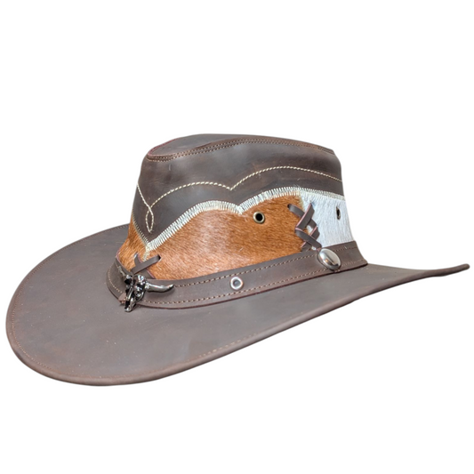 Leather Cowboy Hat w/ Genuine Cowhide - Brown Leather/Light Brown Cowhide