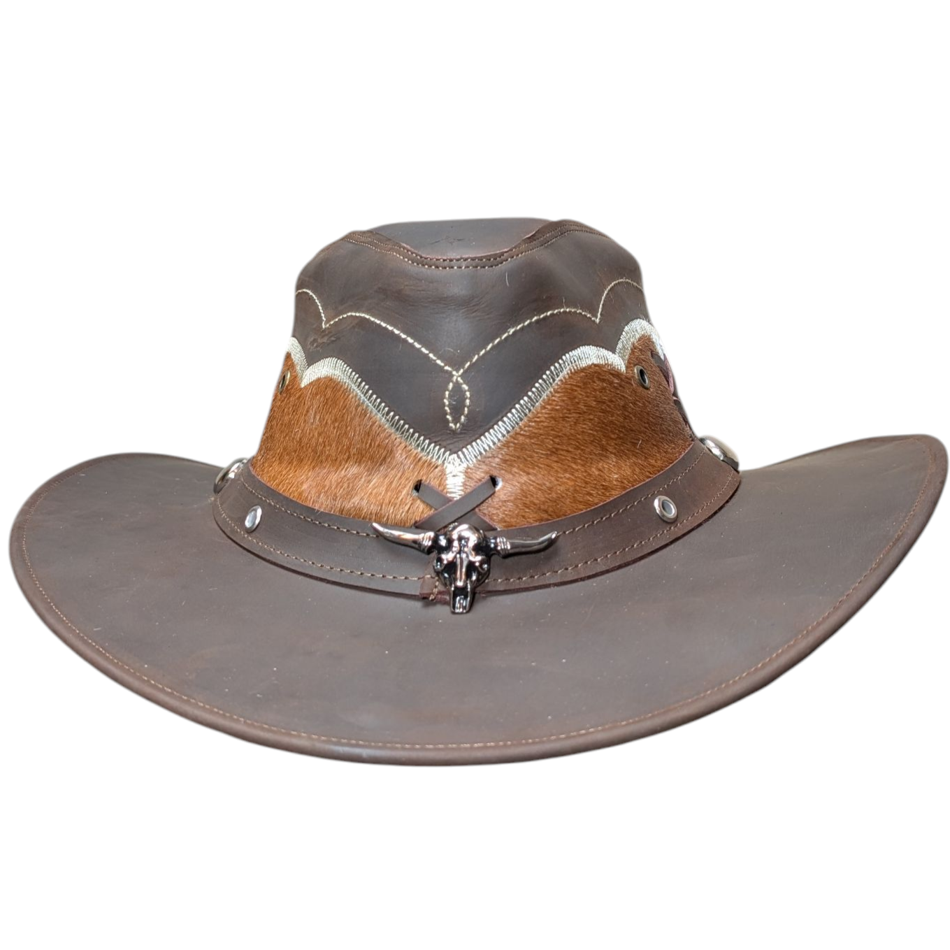 Leather Cowboy Hat w/ Genuine Cowhide - Brown Leather/Light Brown Cowhide
