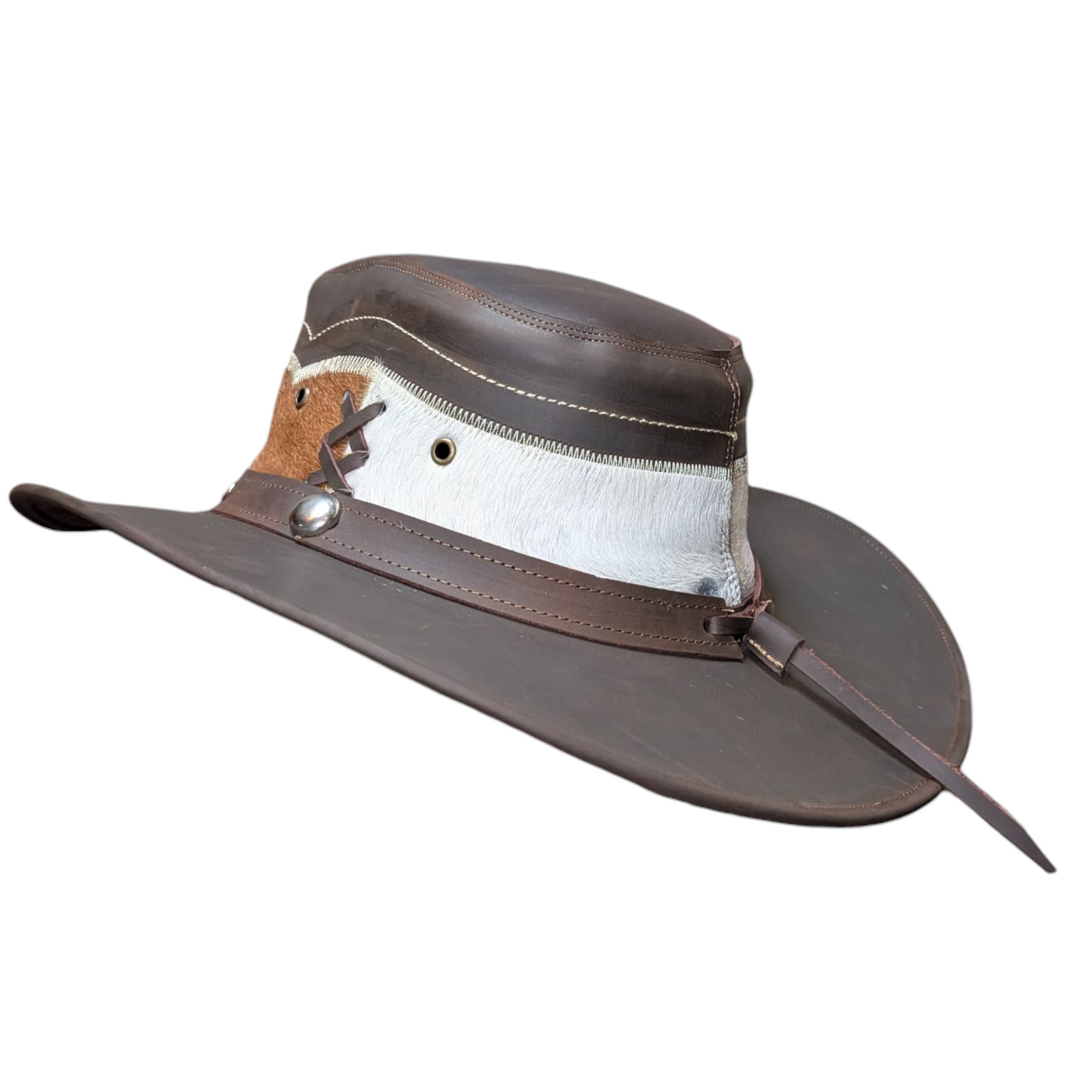 Leather Cowboy Hat w/ Genuine Cowhide - Brown Leather/Light Brown Cowhide