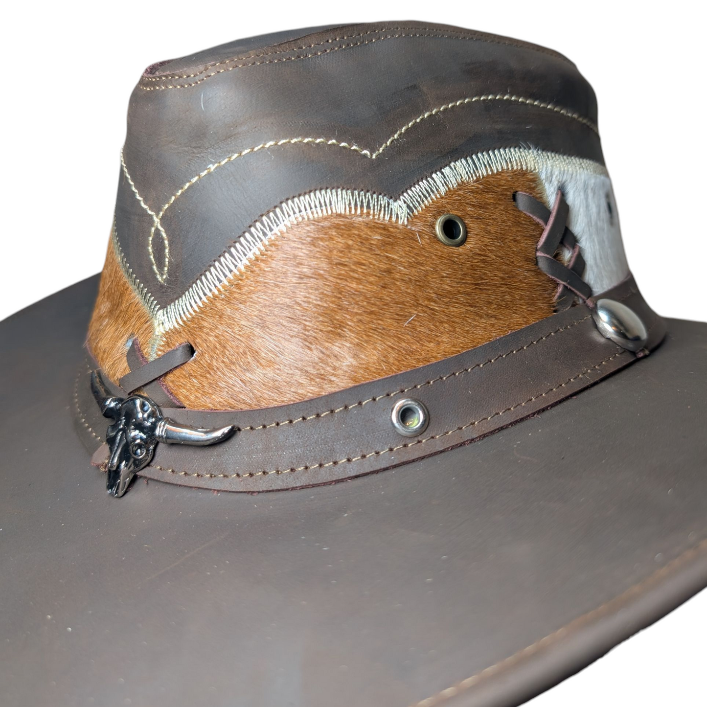 Leather Cowboy Hat w/ Genuine Cowhide - Brown Leather/Light Brown Cowhide