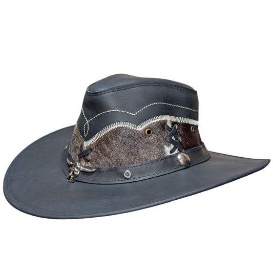 Leather Cowboy Hat w/ Genuine Cowhide - Black Leather