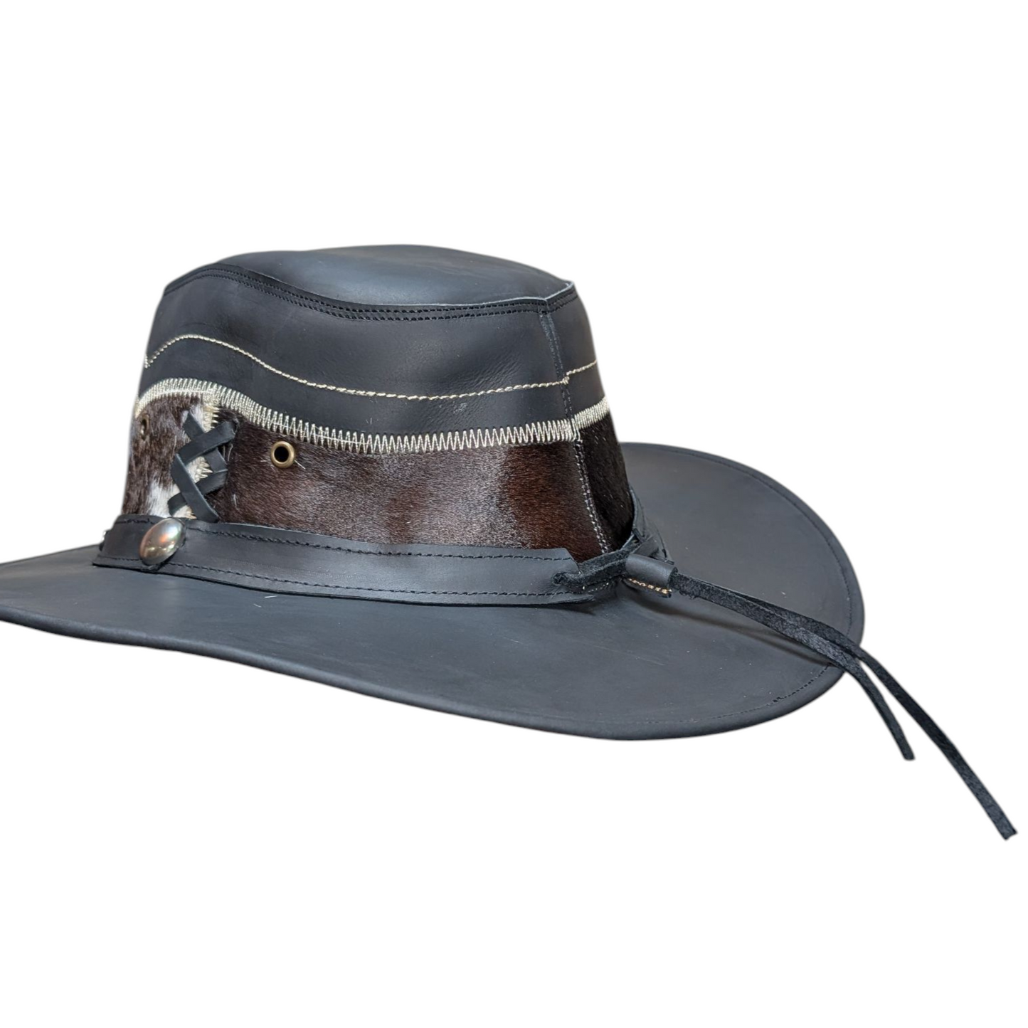 Leather Cowboy Hat w/ Genuine Cowhide - Black Leather