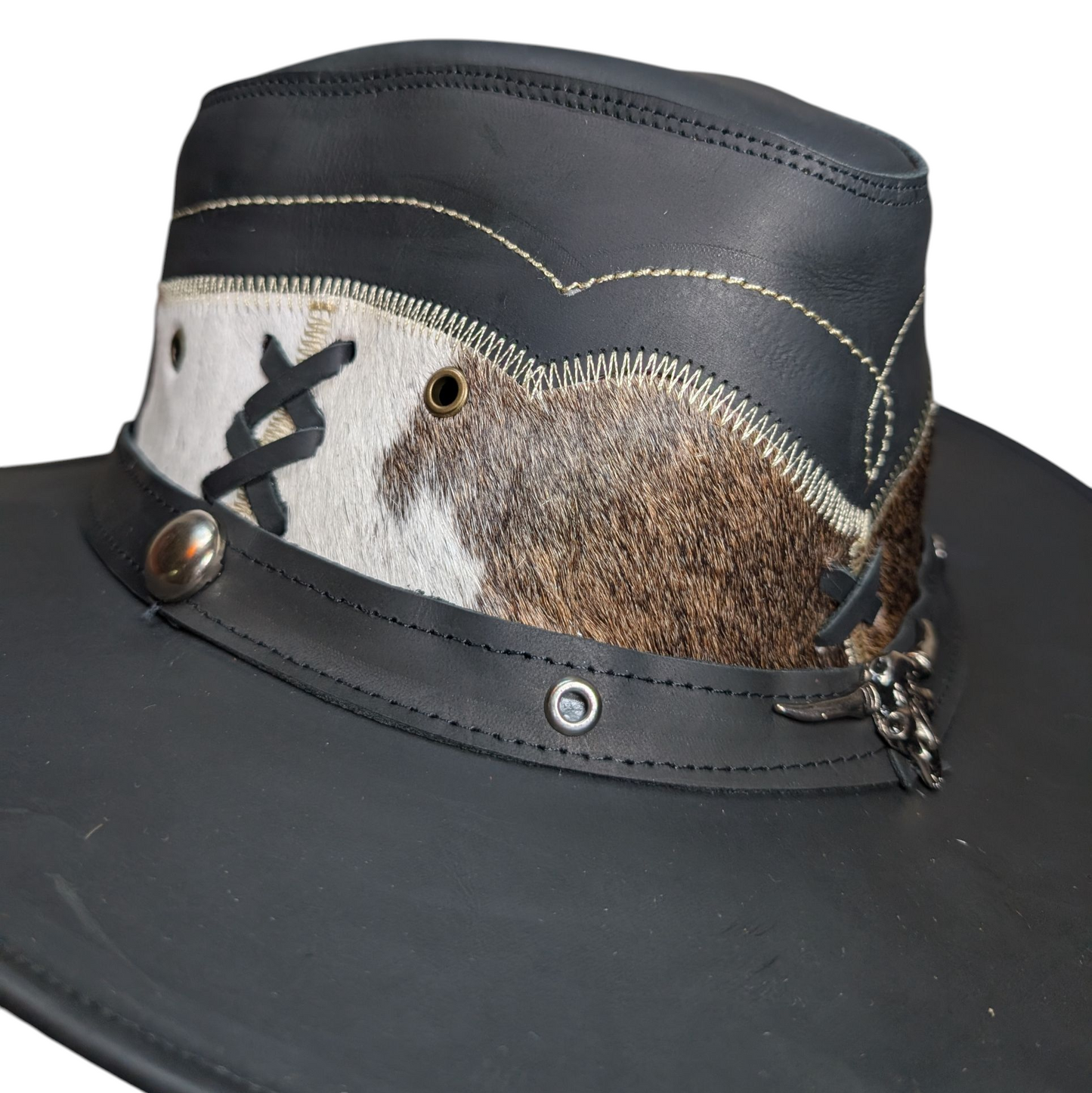 Leather Cowboy Hat w/ Genuine Cowhide - Black Leather