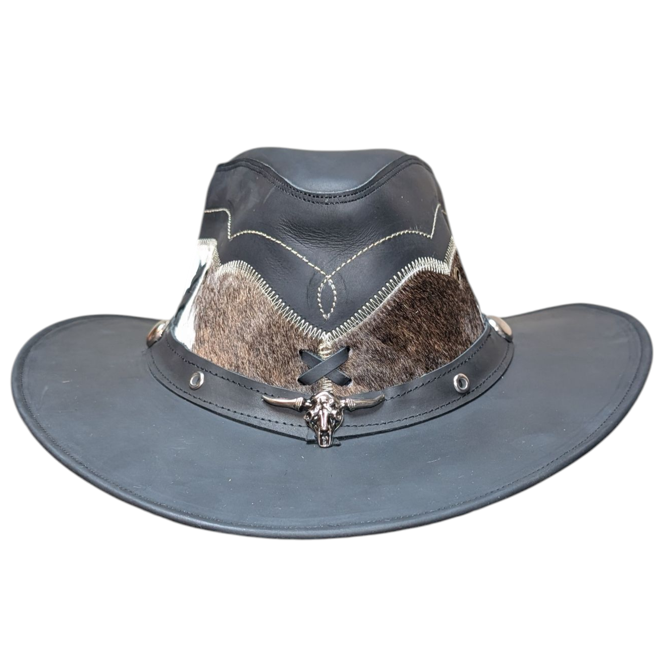 Leather Cowboy Hat w/ Genuine Cowhide - Black Leather