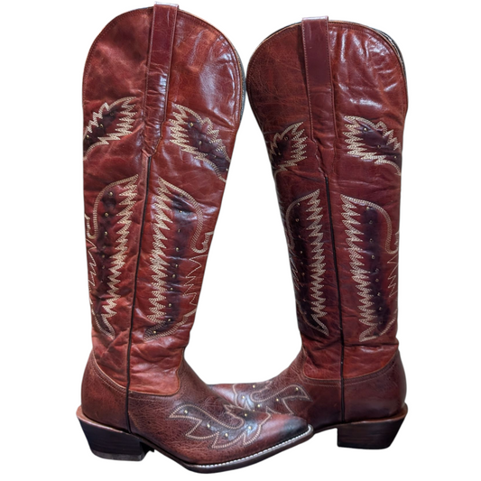 Women's Cowboy Boots  (0078) - 21.5" Knee High Red Leather w/ Pointed Toe