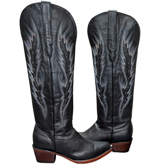 Women's Cowboy Boots  (0079) - 20.5" Knee High Black Leather w/ Snip Toe