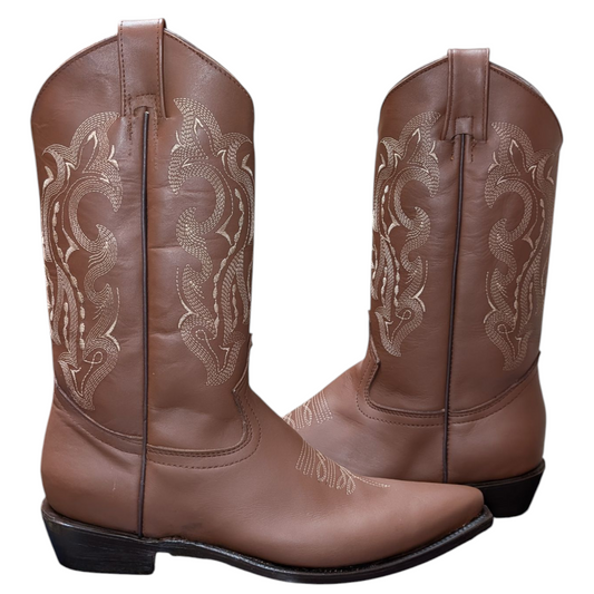Unisex Cowboy Boots (0080) - 14" Light Chocolate Brown Leather w/ Pointed Toe