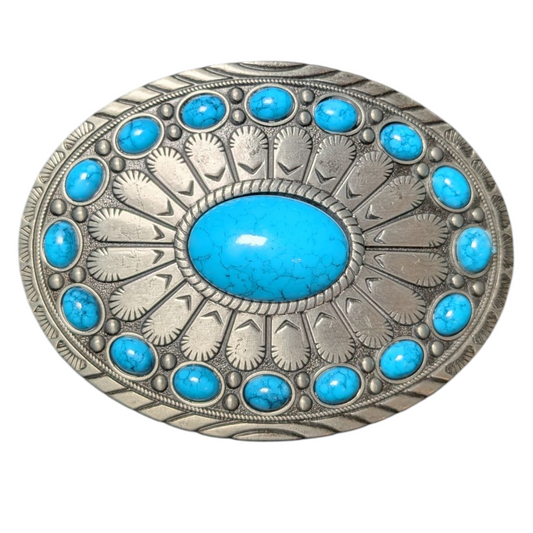 Western Buckle (0028) - Silver w/ Blue Stones