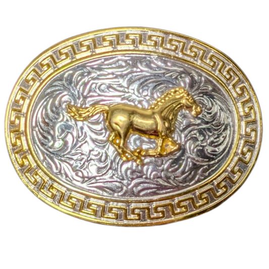 Western Buckle (0033) - Gold & Silver Galloping Horse