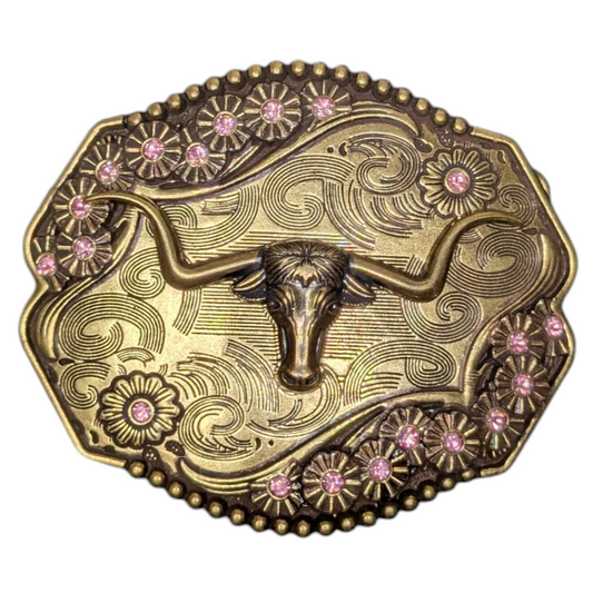 Western Buckle (0031) - Gold Longhorn w/ Pink Rhinestones