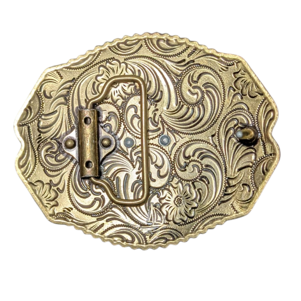 Western Buckle (0031) - Gold Longhorn w/ Pink Rhinestones