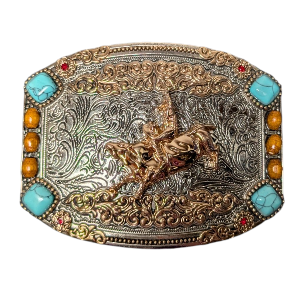 Western Buckle (0034) - Gold & Silver Rodeo Cowboy w/ Mixed Stones