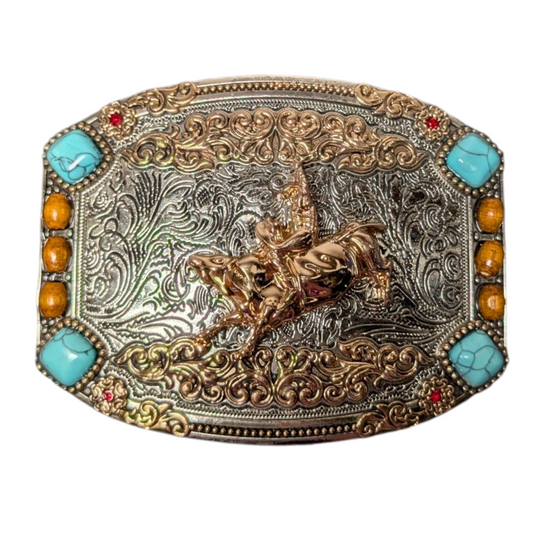 Western Buckle (0034) - Gold & Silver Rodeo Cowboy w/ Mixed Stones