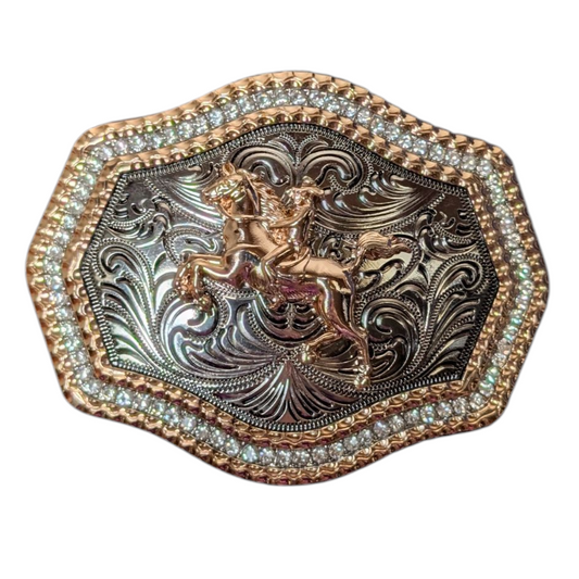 Western Buckle (0035) - Silver & Gold Cowboy w/ Silver Rhinestones