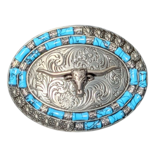 Western Buckle (0036) - Silver Longhorn w/ Blue Stones