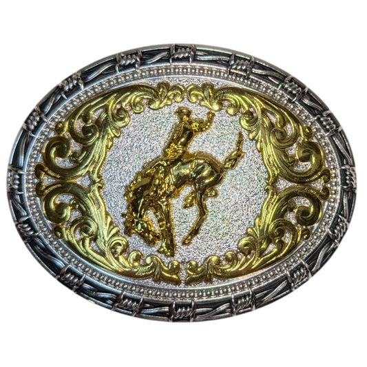 Western Buckle (0037) - Silver & Gold Barbed Wire Rodeo Cowboy