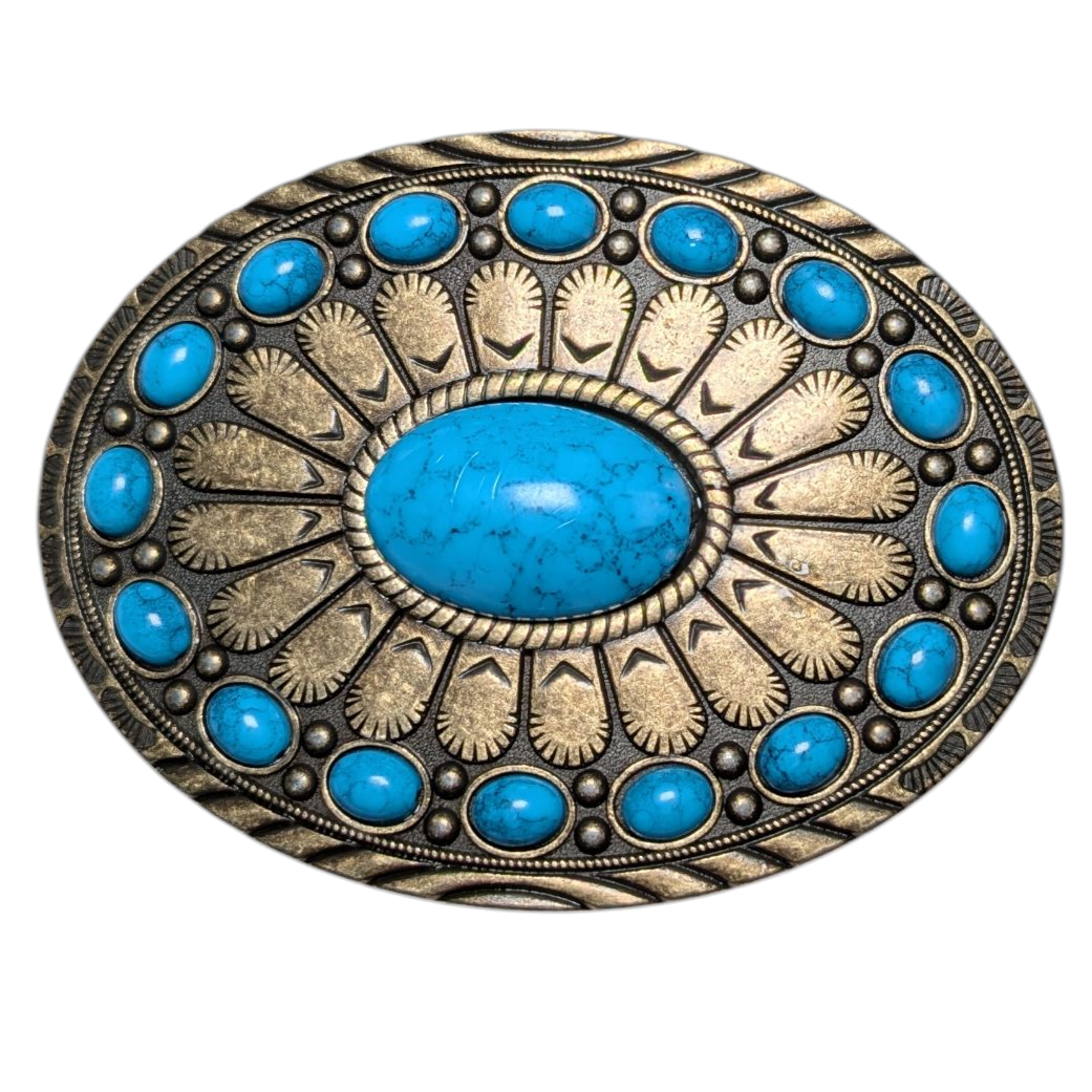 Western Buckle (0038) - Gold w/ Blue Stones