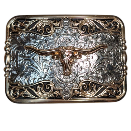 Western Buckle (0041) - Silver, Gold & Black Longhorn